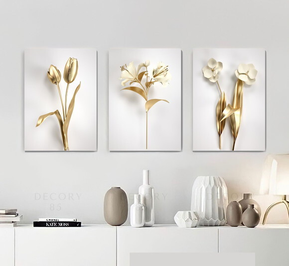 Kit Trio 3 Placas Decorativas Flores Douradas 30x42 A3