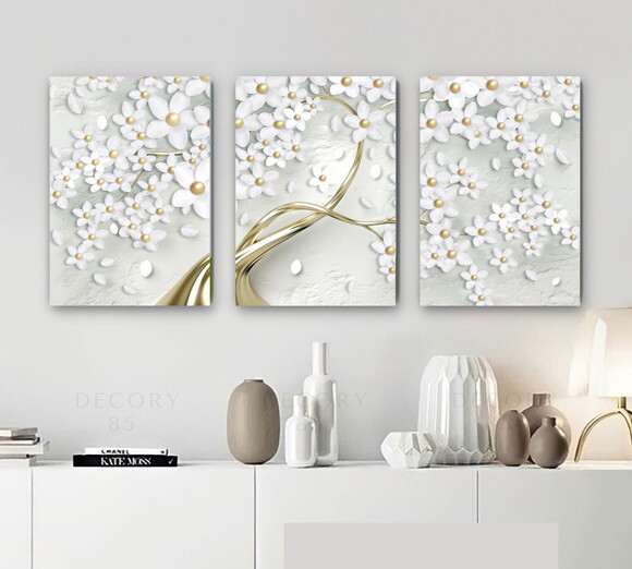 Kit Trio 3 Placas Decorativas Flores Douradas Árvore 30x42