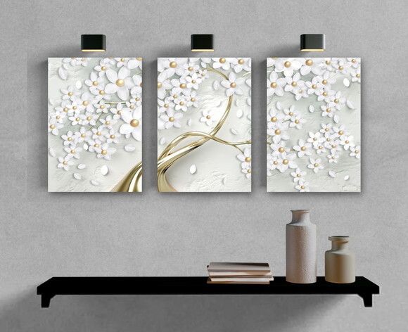 Kit Trio 3 Placas Decorativas Flores Douradas Árvore 30x42