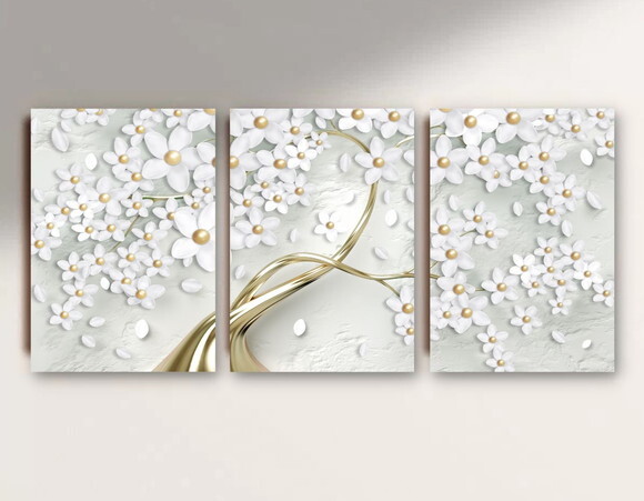 Kit Trio 3 Placas Decorativas Flores Douradas Árvore 42x60