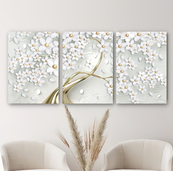 Kit Trio 3 Placas Decorativas Flores Douradas Árvore 42x60