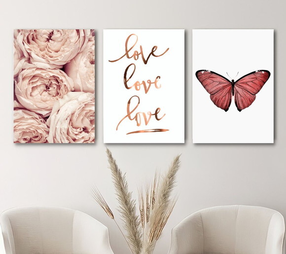 Kit Trio 3 Placas Decorativas Love Flores Borboleta 42x60 A2
