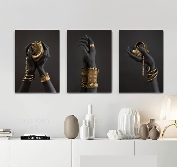 Kit Trio 3 Placas Decorativas Mãos Negras Douradas 42x60 A2