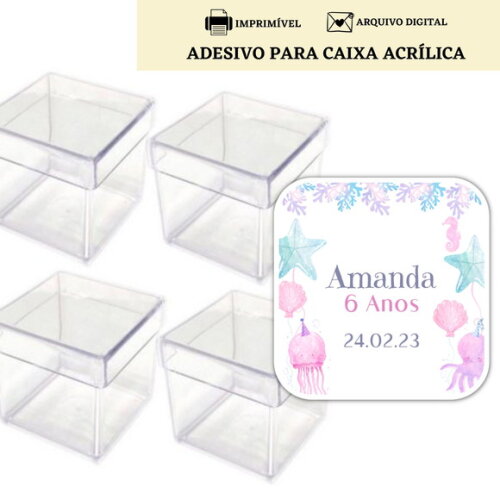 Adesivo Rótulo Caixa Acrílica Lembrancinha Sereia Digital
