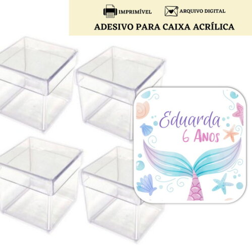 Adesivo Rótulo Caixa Acrílica Lembrancinha Sereia Digital