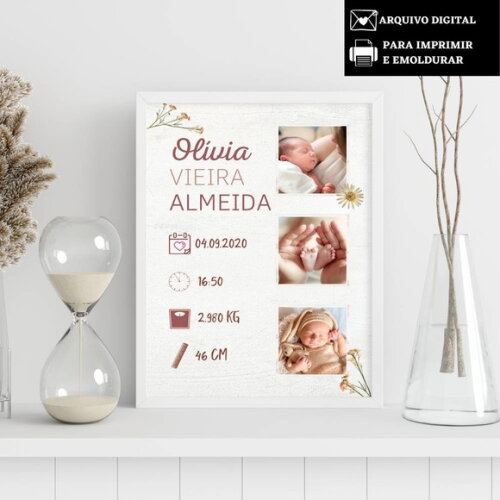 Arte Digital Quadro Nascimento Bebê Newborn Mesversário