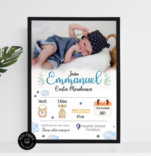 Arte Digital Quadro Nascimento Bebê Newborn Mesversário