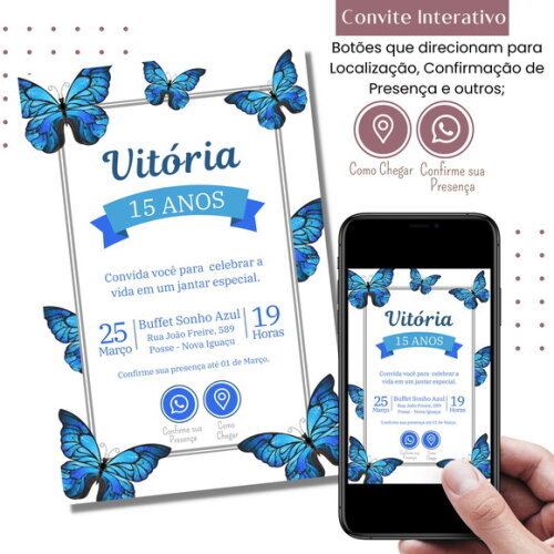 Convite 15 Anos Borboletas Digital Interativo Virtual