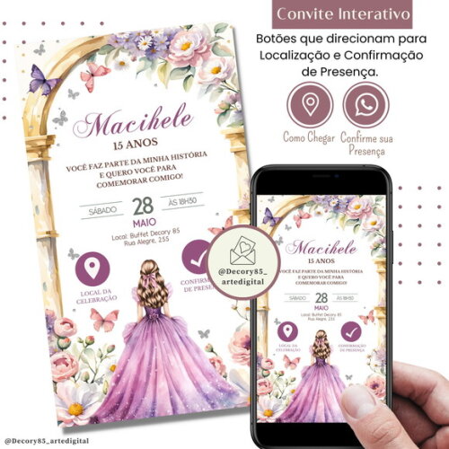 Convite 15 Anos Lilas Debutante Digital Interativo Virtual