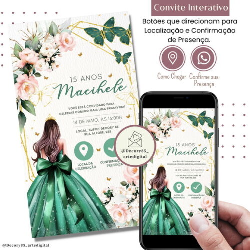 Convite 15 Anos Verde Debutante Digital Interativo Virtual