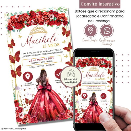 Convite 15 Anos Vermelho Debutante Digital Interativo