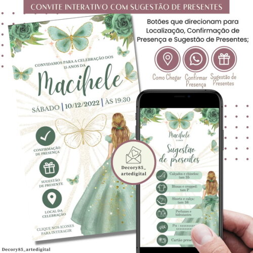 Convite 15 Anos Verde Princesa Digital Sugestão de Presente