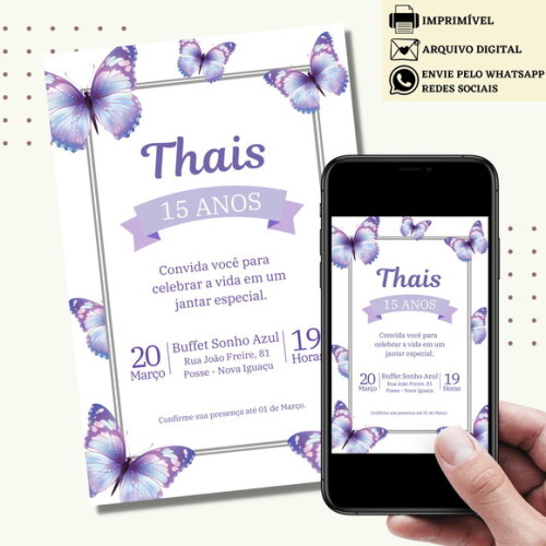 Convite 15,20,30,40,50 Anos Borboletas Lilas Digital Virtual