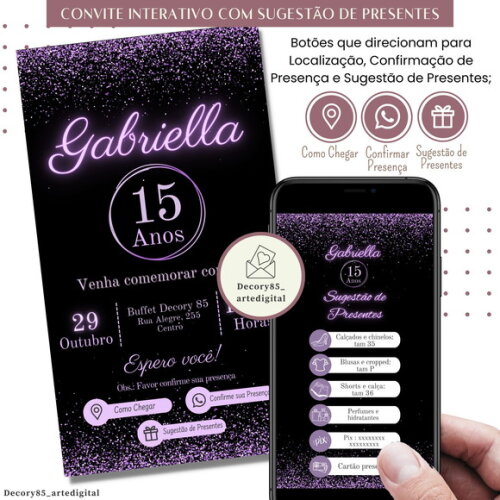 Convite 15 Anos Lilas Roxo Digital Sugestão de Presente