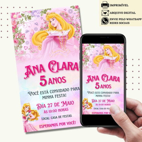 Convite a Bela Adormecida Princesa Aurora Digital Virtual