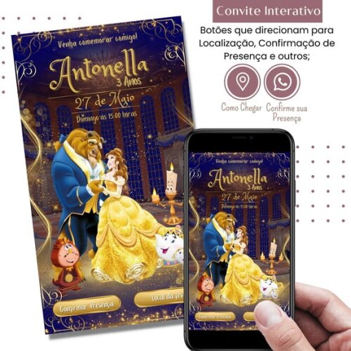 Convite a Bela e a Fera Digital Interativo Virtual