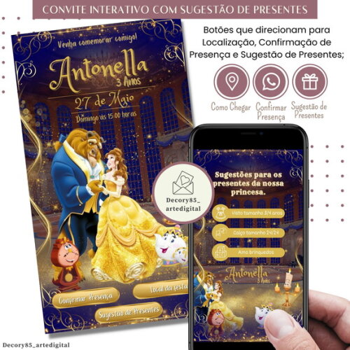 Convite a Bela e a Fera Virtual Digital Sugestão de Presente