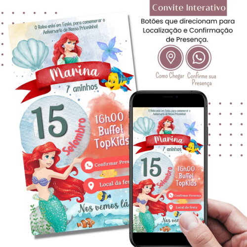 Convite a Pequena Sereia Ariel Digital Interativo Virtual