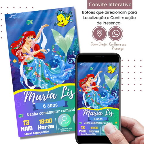 Convite a Pequena Sereia Ariel Digital Interativo Virtual