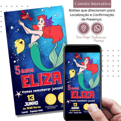 Convite a Pequena Sereia Ariel Digital Interativo Virtual