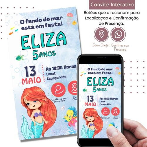 Convite a Pequena Sereia Ariel Digital Interativo Virtual