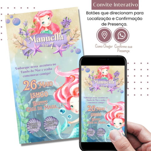 Convite a Pequena Sereia Ariel Digital Interativo Virtual