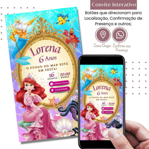 Convite a Pequena Sereia Ariel Digital Interativo Virtual