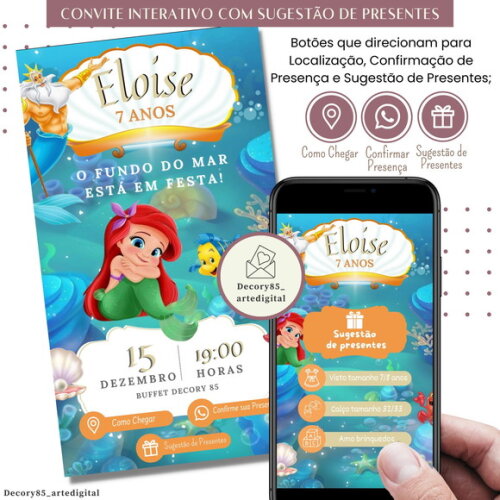 Convite a Pequena Sereia Ariel Digital Sugestão de Presente