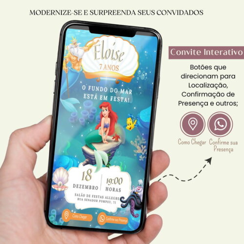 Convite a Pequena Sereia Ariel Digital Interativo Virtual