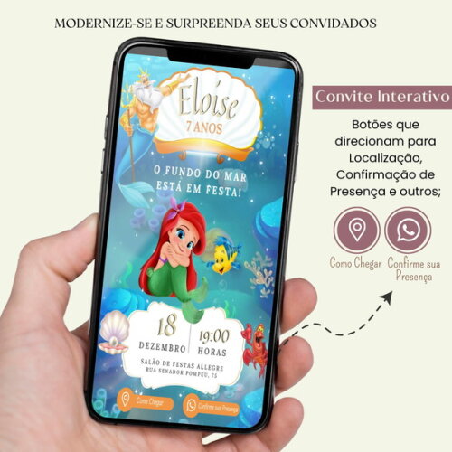Convite a Pequena Sereia Ariel Digital Interativo Virtual