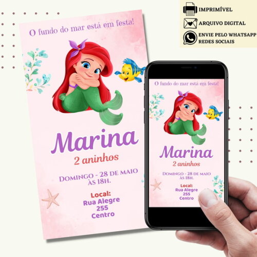 Convite a Pequena Sereia Ariel Digital Virtual