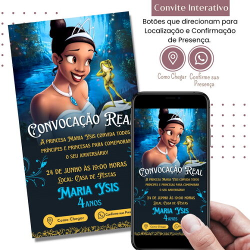 Convite a Princesa e o Sapo Tiana Digital Interativo Virtual