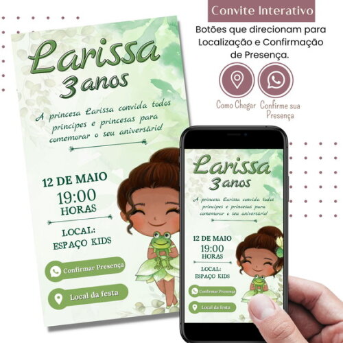 Convite a Princesa e o Sapo Tiana Digital Interativo Virtual