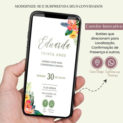 Convite Adulto Flores 15,20,30,40,50 Anos Digital Interativo