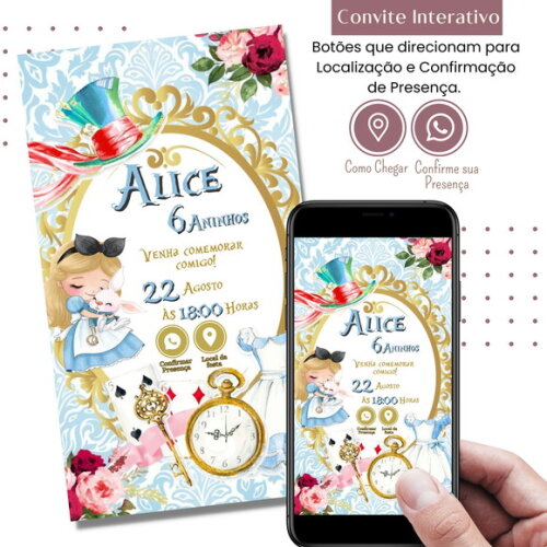 Convite Alice no País das Maravilhas Digital Interativo
