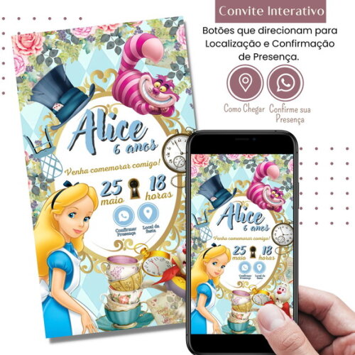 Convite Alice no País das Maravilhas Digital Interativo