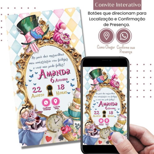 Convite Alice no País das Maravilhas Digital Interativo