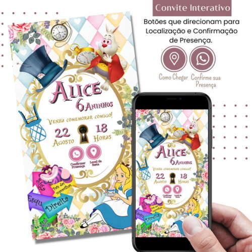 Convite Alice no País das Maravilhas Digital Interativo