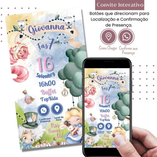 Convite Alice no País das Maravilhas Digital Interativo