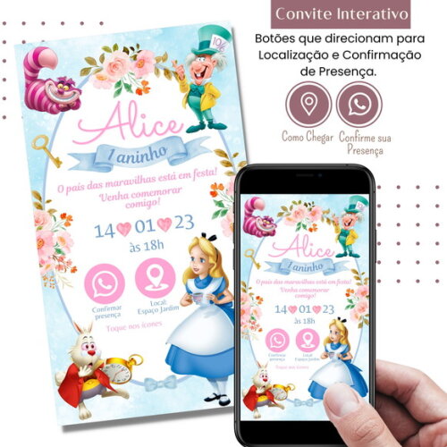 Convite Alice no País das Maravilhas Digital Interativo