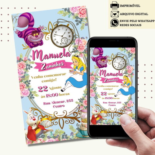 Convite Alice no País das Maravilhas Digital Virtual