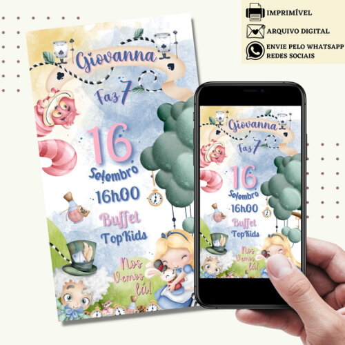 Convite Alice no País das Maravilhas Digital Virtual