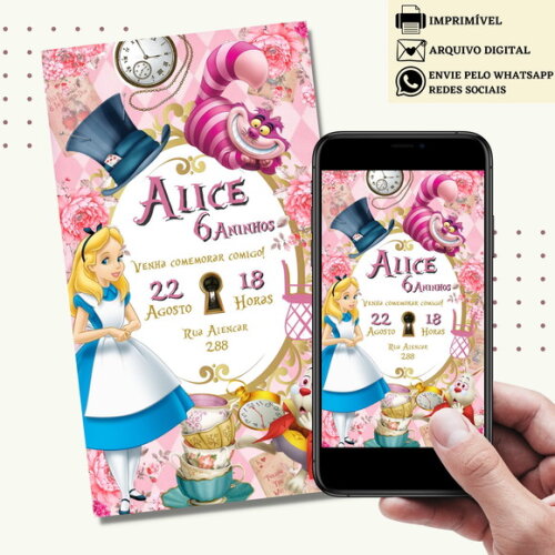Convite Alice no País das Maravilhas Digital Virtual