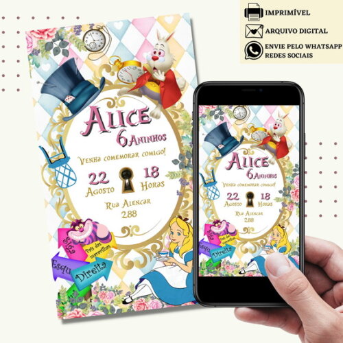Convite Alice no País das Maravilhas Digital Virtual