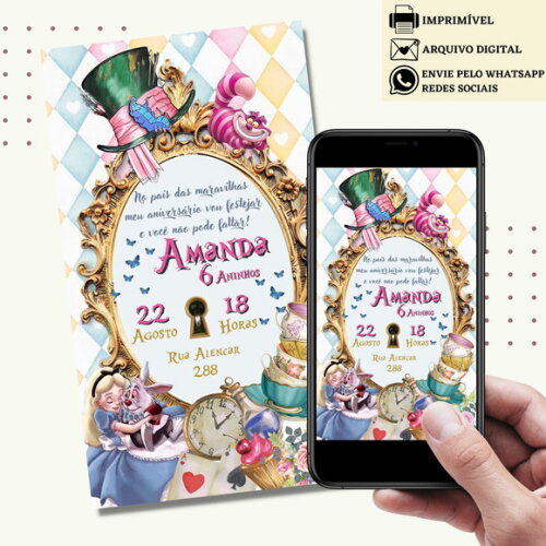 Convite Alice no País das Maravilhas Digital Virtual
