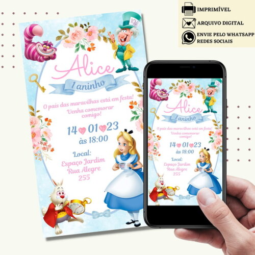 Convite Alice no País das Maravilhas Digital Virtual