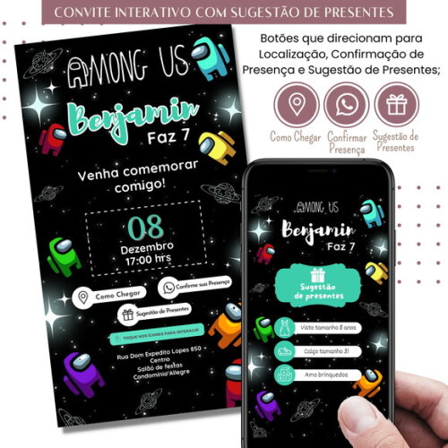 Convite Among Us Digital Virtual Sugestão de Presente
