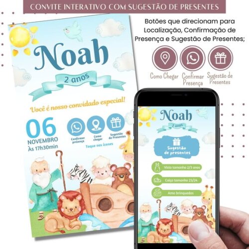 Convite Arca de Noé Digital Interativo Sugestão de Presente