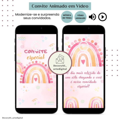 Convite Arco Iris Rosa em Vídeo Animado com Música Digital