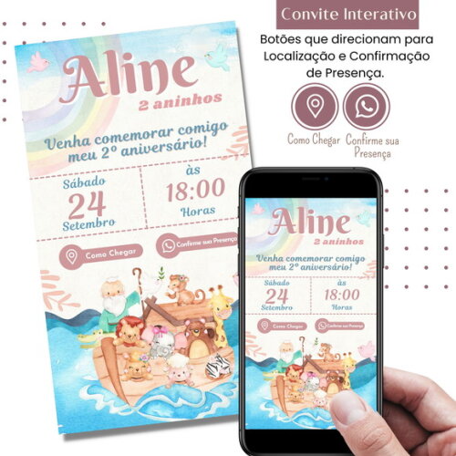 Convite Arca de Noé Rosa Digital Interativo Virtual